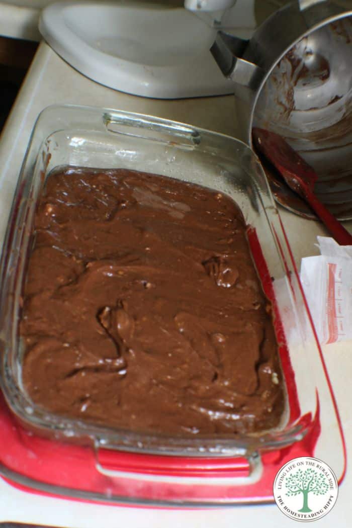 brownie mixture in glass tray