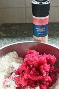 Mixing Flour and beet-potato mash
