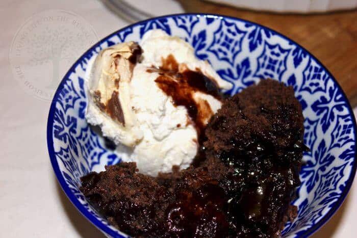 chocolate pudding in its own sauce with ice-cream
