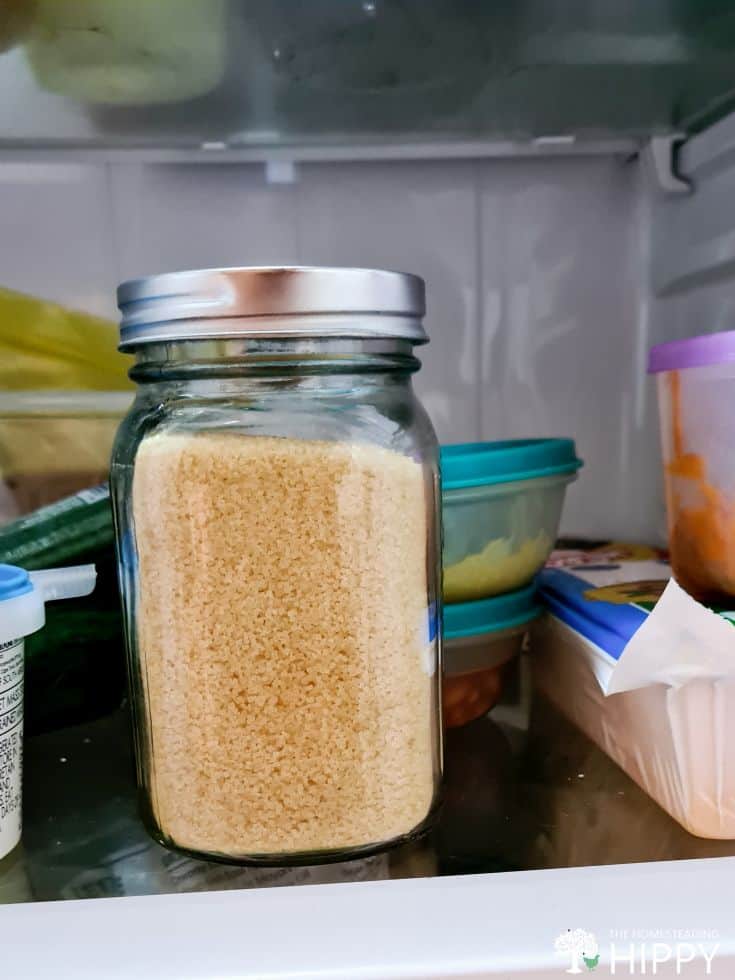 Mason jar of light brown sugar in fridge