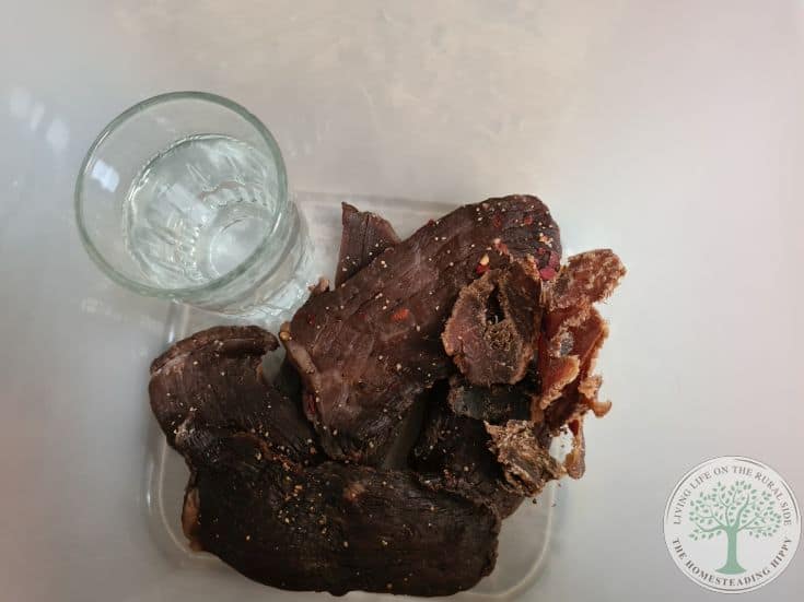 dry beef jerkey and glass of water