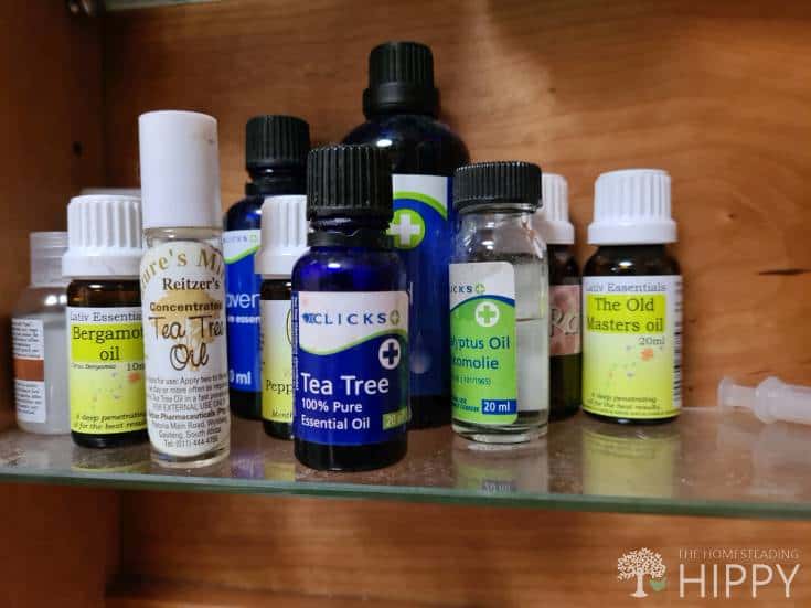 tea treee oil and other essential oils bottles