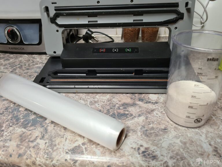 cornmeal in measuring jug next to vacuum sealer