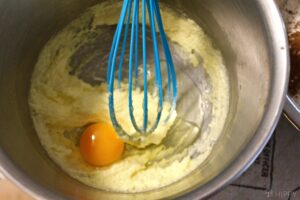 Butter and sugar creamed, now egg ready to be mixed in