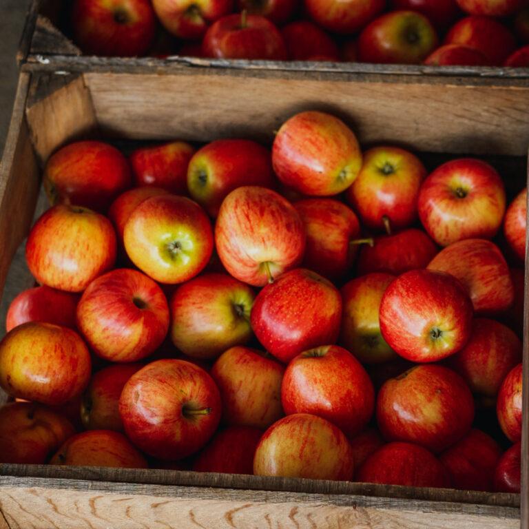red apples in wooden crate