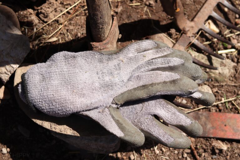 work gloves next to garden hoe and rake