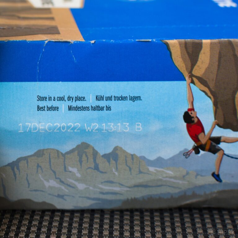 close-up of Clif bar shelf life writing on packaging