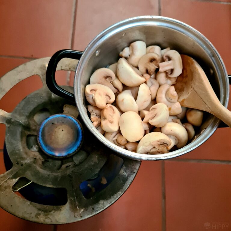 cooking mushrooms on a camping stove