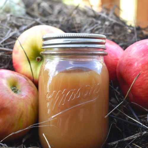 jar of homemade apple cider vinegar next to some apples