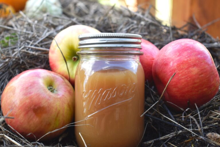 jar of homemade apple cider  vinegar next to some apples