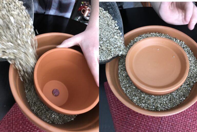 pouring insulation sand in-between pots