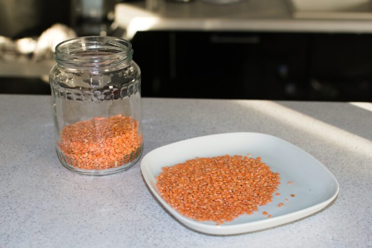 red lentils in jar and on plate