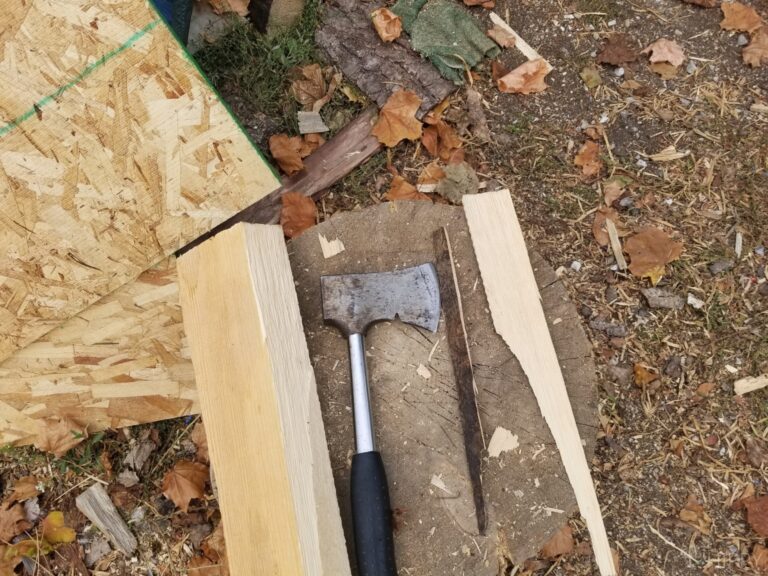 hatchet next to split wood