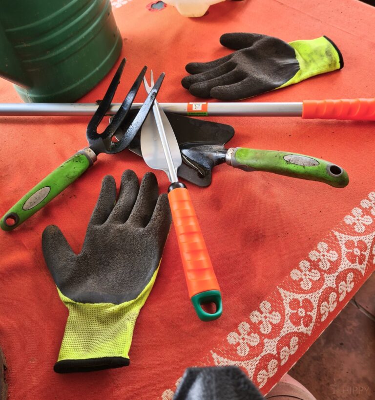 garden tools: gloves, garden spade, and extension pole
