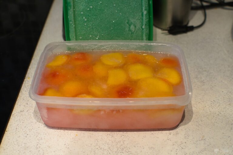 sliced frozen peaches after one day in the freezer