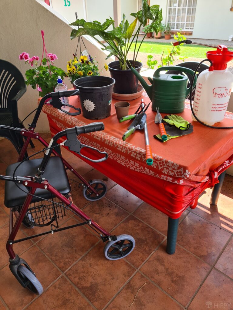 wheelchair and gardening tools