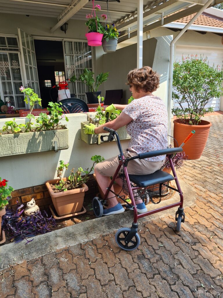 woman in wheelchair tending to some plants in hanging pots