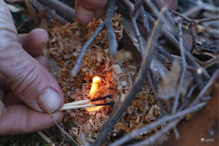 lighting up sawdust with matches to start a fire.jpg